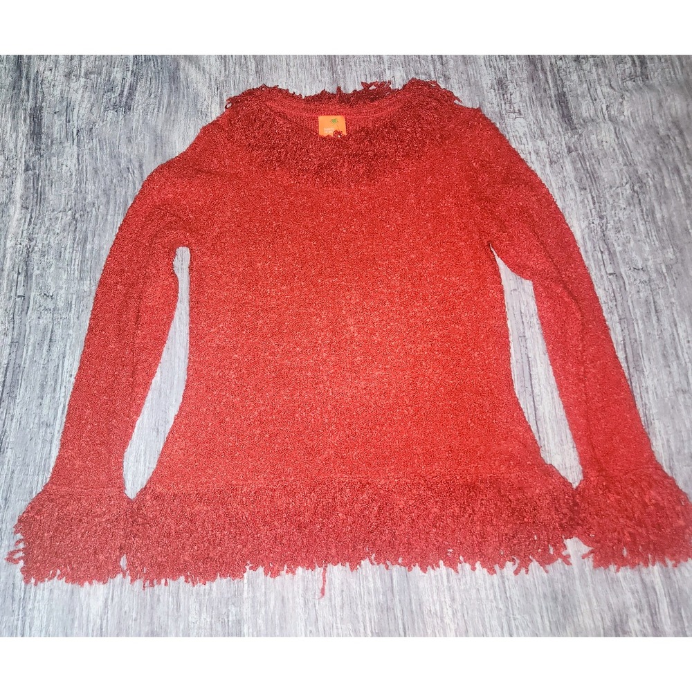 Hearts of Palm Red Fuzzy Fringe Trim Long Sleeve Crew Neck Sweater Y2K Medium
